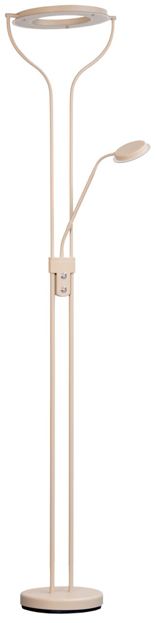 Beige LED-Deckenfluter-Stehlampe mit ringförmigem Hauptlicht und flexiblem Lesearm, freigestellt auf weißem Hintergrund, Frontansicht.