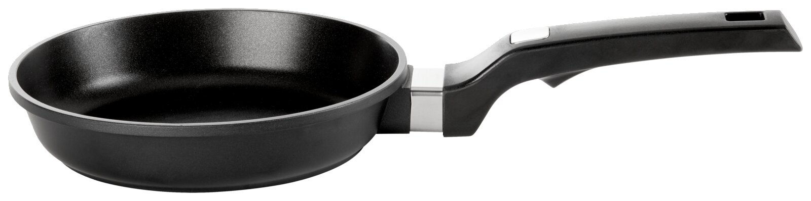 Schwarze Pfanne mit ergonomischem Griff, seitliche Perspektive