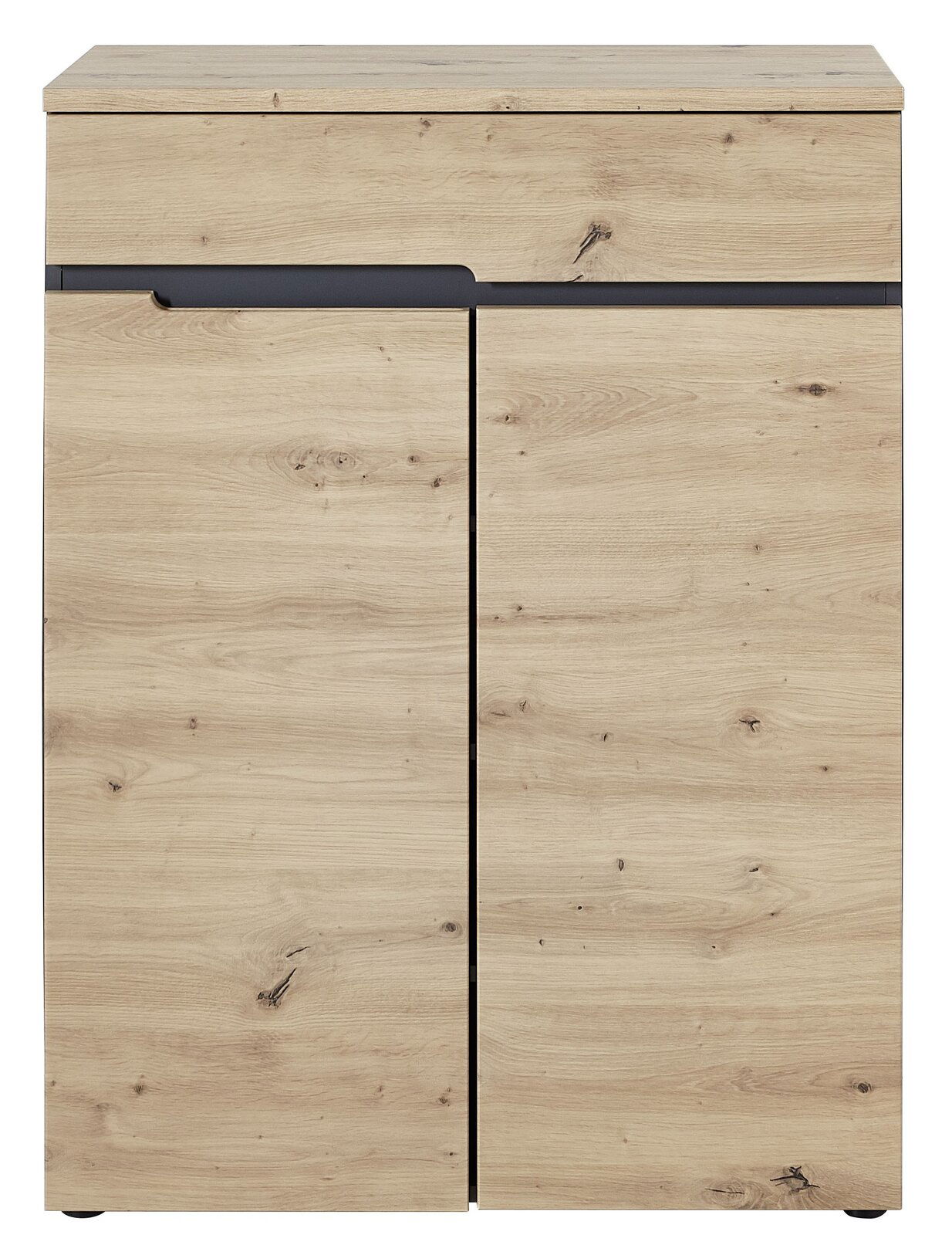 Frontansicht eines modernen Garderobenschranks aus hellem Holz mit zwei Türen und einer Schublade, Teil des Voleo Garderoben-Sets Detroit.