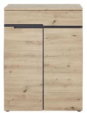 Frontansicht eines modernen Garderobenschranks aus hellem Holz mit zwei Türen und einer Schublade, Teil des Voleo Garderoben-Sets Detroit.