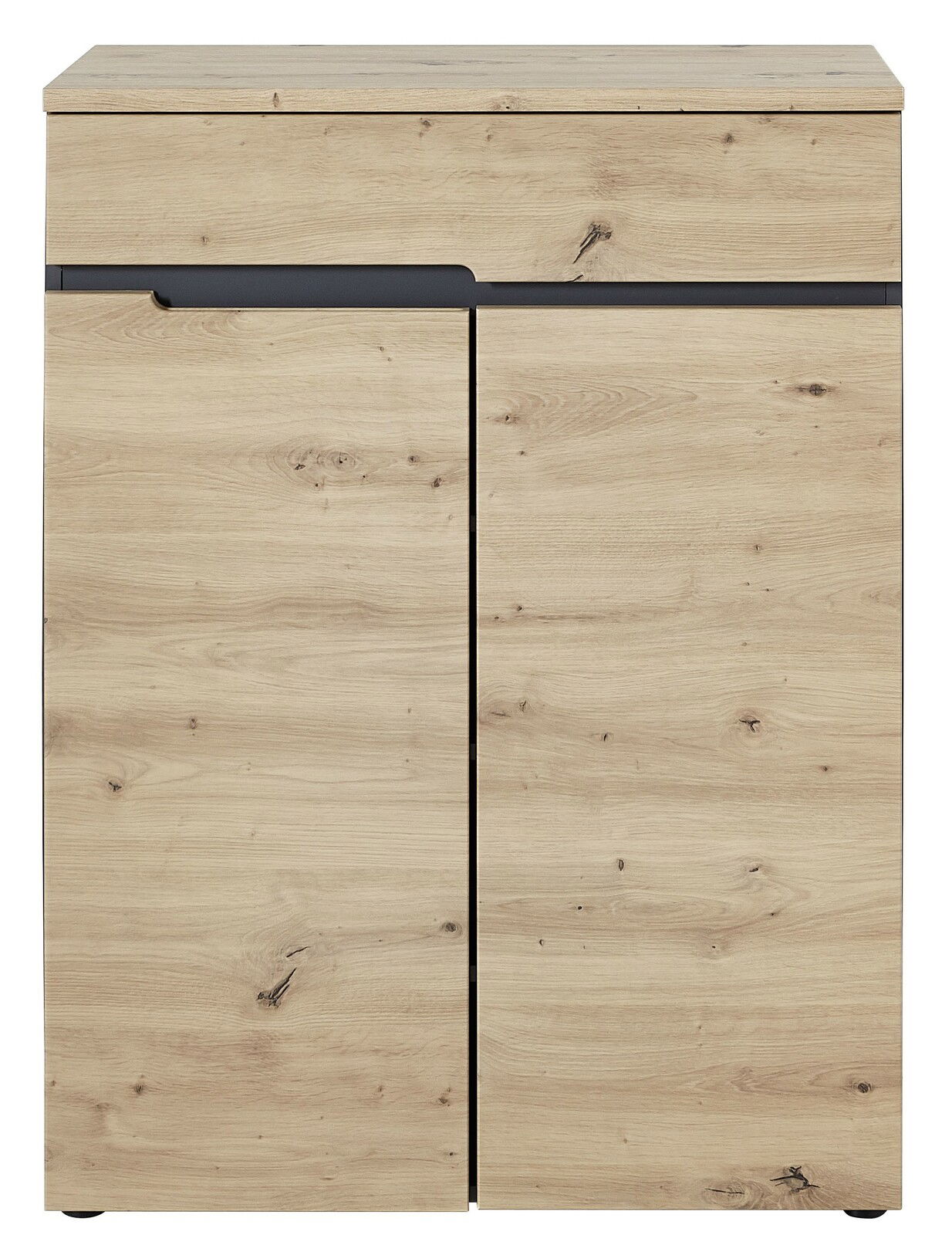 Frontansicht eines modernen Garderobenschranks aus hellem Holz mit zwei Türen und einer Schublade, Teil des Voleo Garderoben-Sets Detroit.