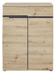 Frontansicht eines modernen Garderobenschranks aus hellem Holz mit zwei Türen und einer Schublade, Teil des Voleo Garderoben-Sets Detroit.