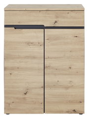 Frontansicht eines modernen Garderobenschranks aus hellem Holz mit zwei Türen und einer Schublade, Teil des Voleo Garderoben-Sets Detroit.