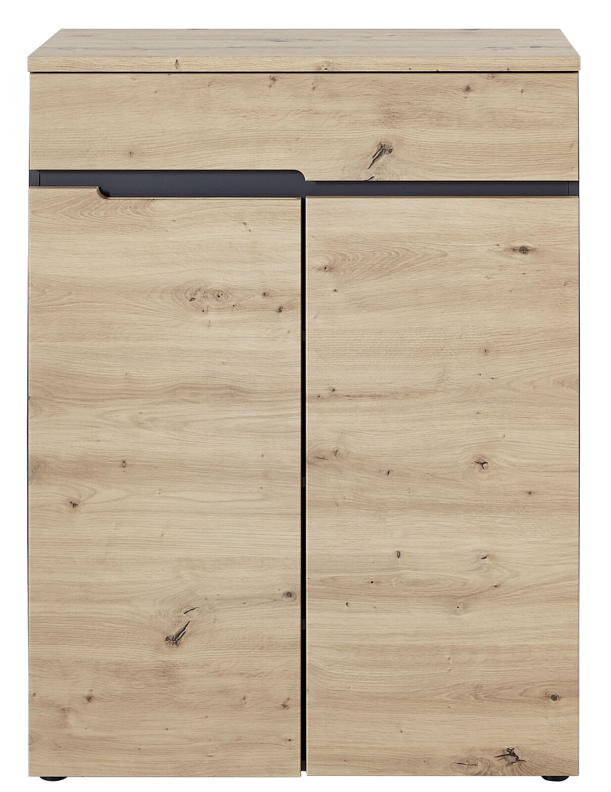 Frontansicht eines modernen Garderobenschranks aus hellem Holz mit zwei Türen und einer Schublade, Teil des Voleo Garderoben-Sets Detroit.