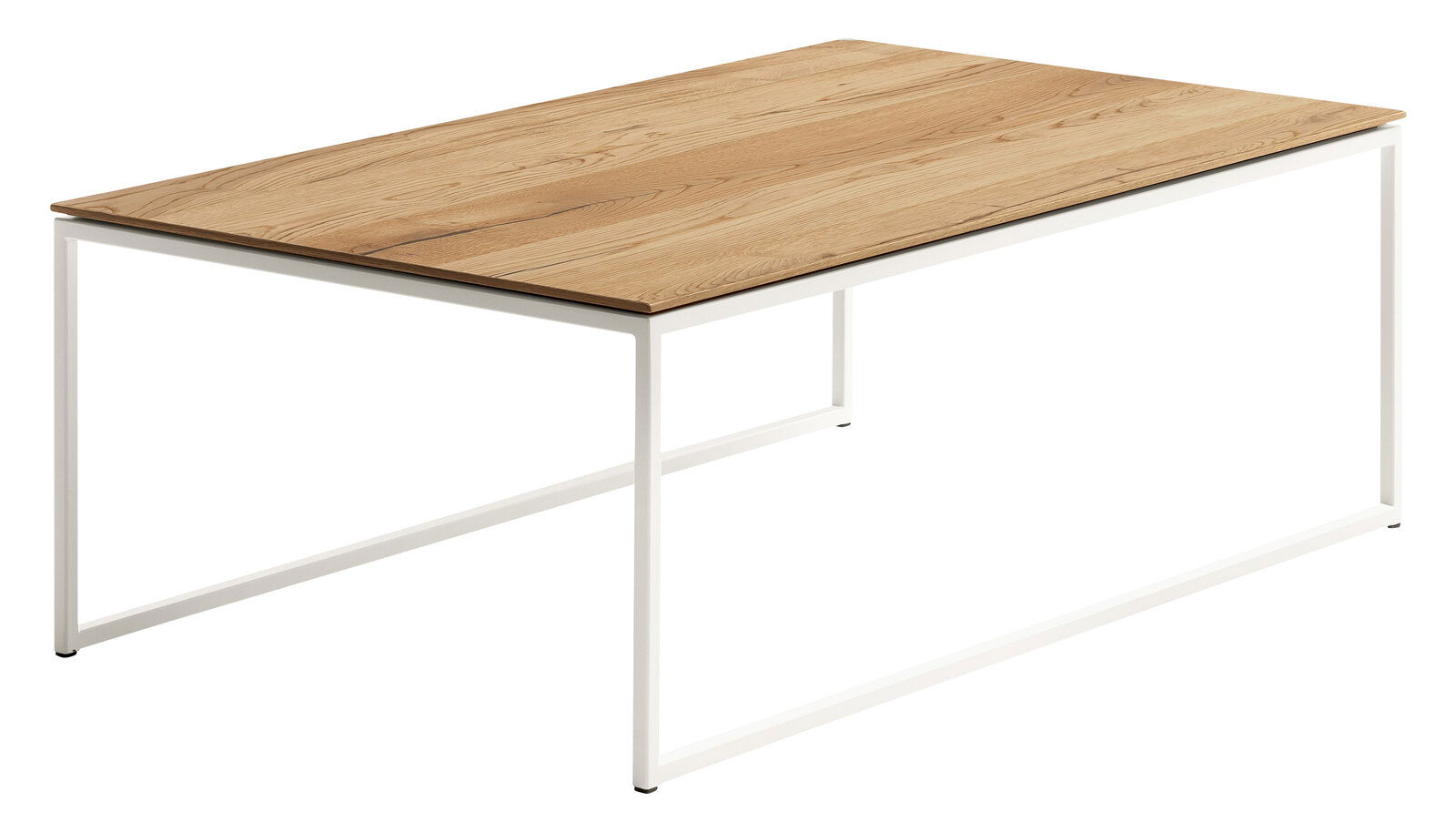 Moderner Couchtisch mit rechteckiger Holzplatte und weißem Metallgestell, seitliche Perspektive