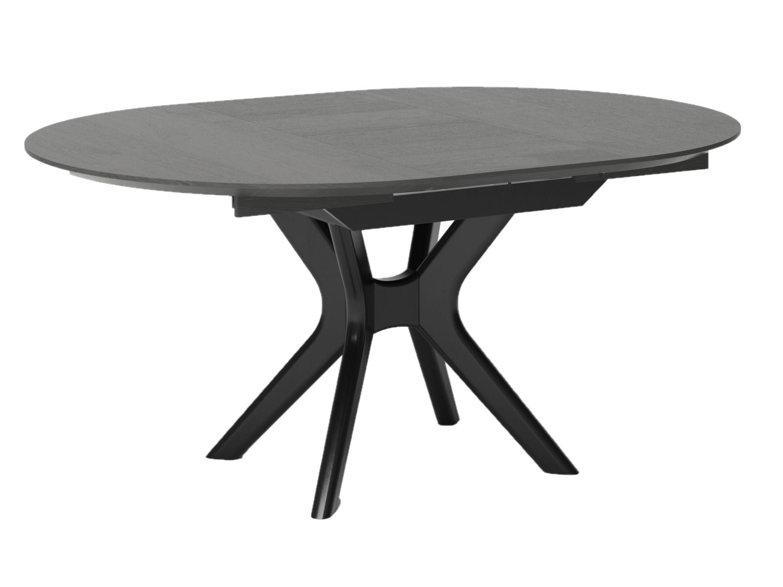 Moderner Esstisch mit ovaler grauer Tischplatte und schwarzem, stilvollem Untergestell, seitliche Perspektive