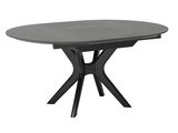 Moderner Esstisch mit ovaler grauer Tischplatte und schwarzem, stilvollem Untergestell, seitliche Perspektive