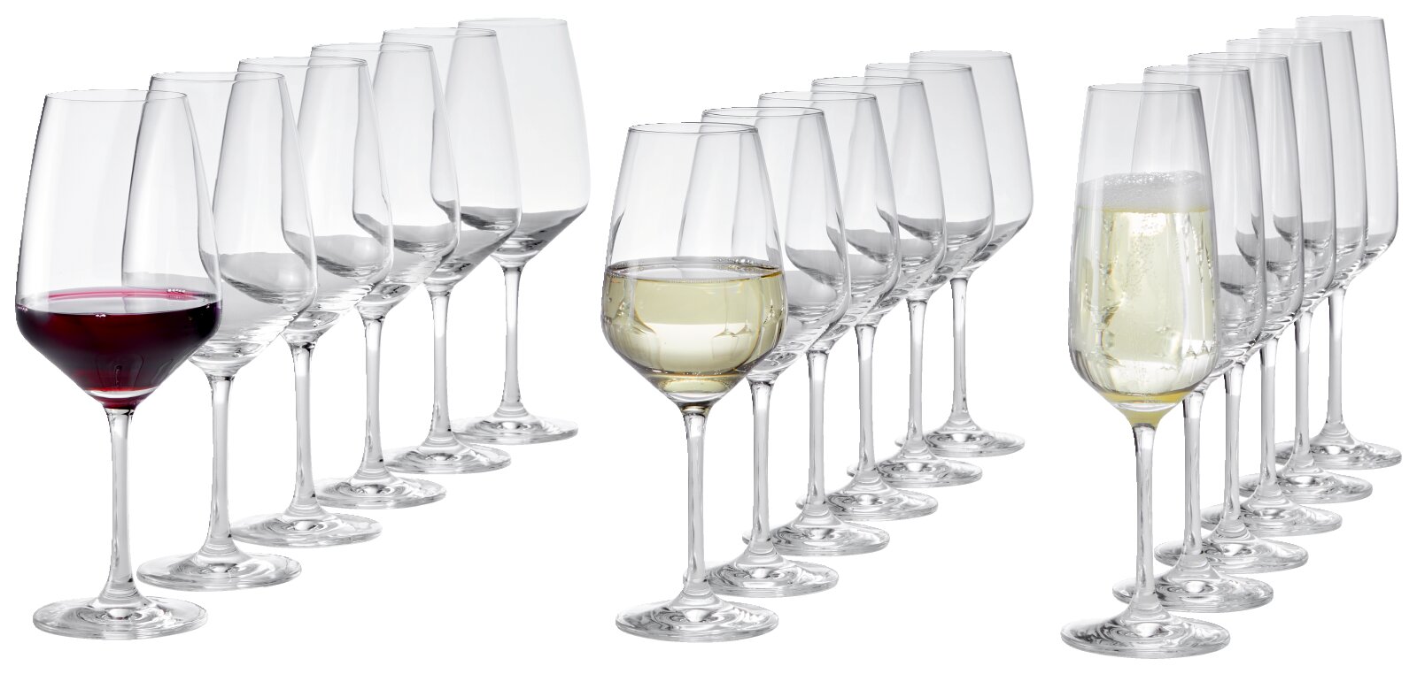 SCHOTT ZWIESEL Kelkglas-set, 18-delig, TULIP Set van transparante wijnglazen en champagneflûtes, deels gevuld met rode wijn, witte wijn en mousserende wijn, weergegeven in schuin vooraanzicht (driekwart) op witte achtergrond.