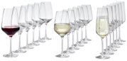 Set van transparante wijnglazen en champagneflûtes, deels gevuld met rode wijn, witte wijn en mousserende wijn, weergegeven in schuin vooraanzicht (driekwart) op witte achtergrond.