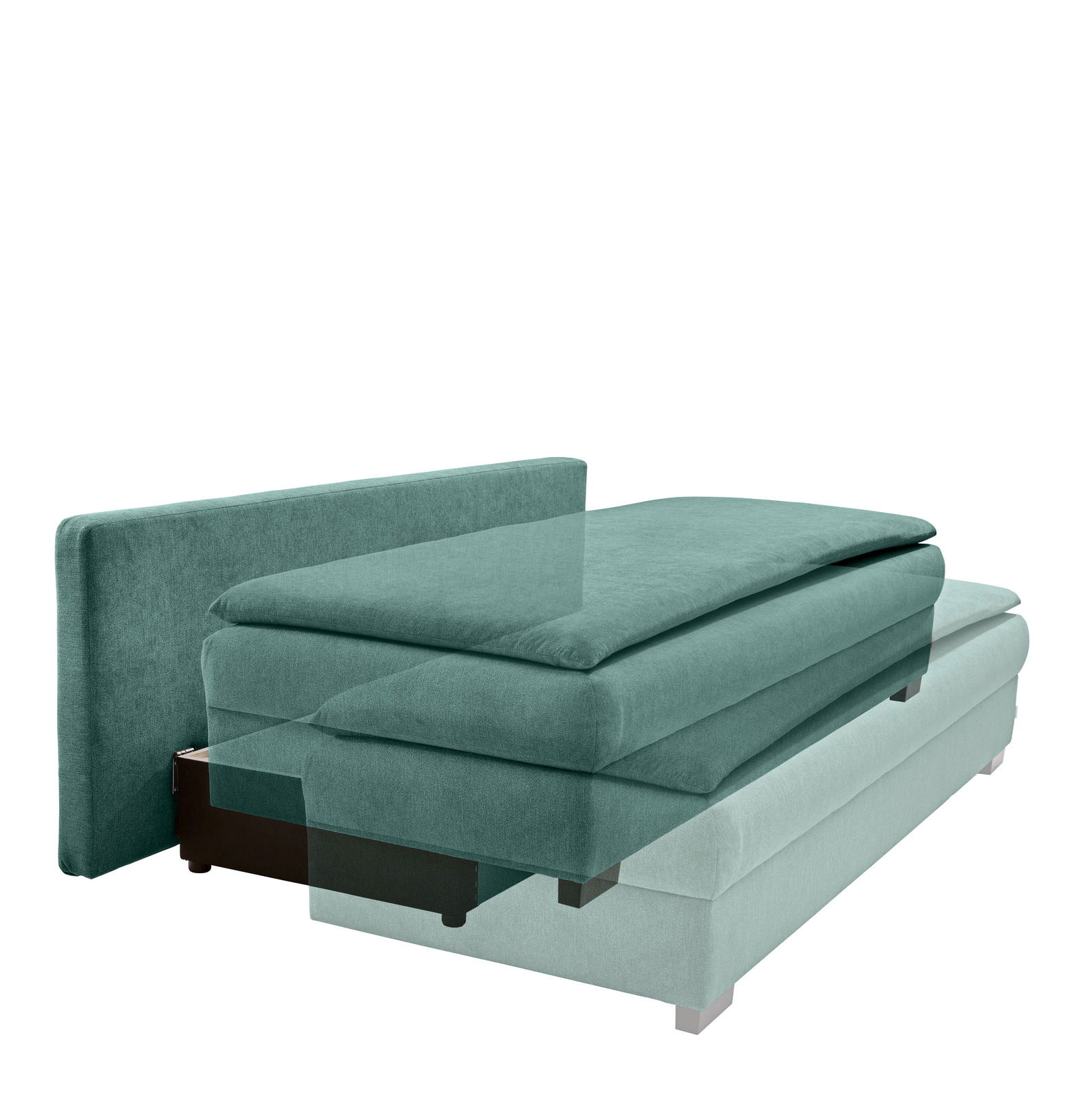 Funktionssofa in Grün, seitliche Perspektive, teilweise ausgezogen