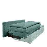 Funktionssofa in Grün, seitliche Perspektive, teilweise ausgezogen