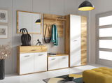 Garderoben-Set 5-tlg. in moderner Holz-Optik mit weißem Finish, bestehend aus einem Spiegel, einer Kommode, einem Hängeregal und einem hohen Schrank. Perspektive: Frontalansicht.