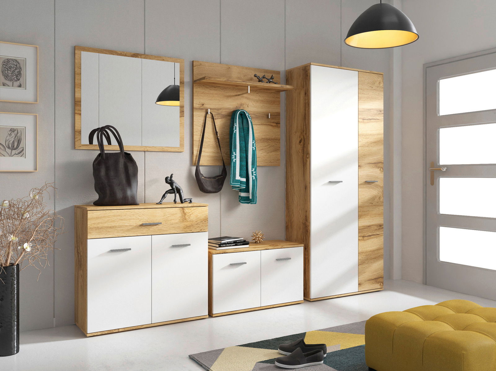 Garderoben-Set 5-tlg. in moderner Holz-Optik mit weißem Finish, bestehend aus einem Spiegel, einer Kommode, einem Hängeregal und einem hohen Schrank. Perspektive: Frontalansicht.