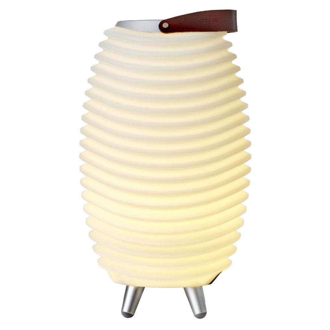 Akkubetriebene LED-Leuchte mit Lautsprecher, geriffelte Oberfläche, seitliche Perspektive, Ledergriff oben.