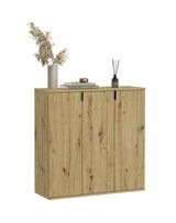 Garderobenkombination aus Holz mit drei Türen, dekoriert mit einer Vase und Büchern, seitliche Perspektive