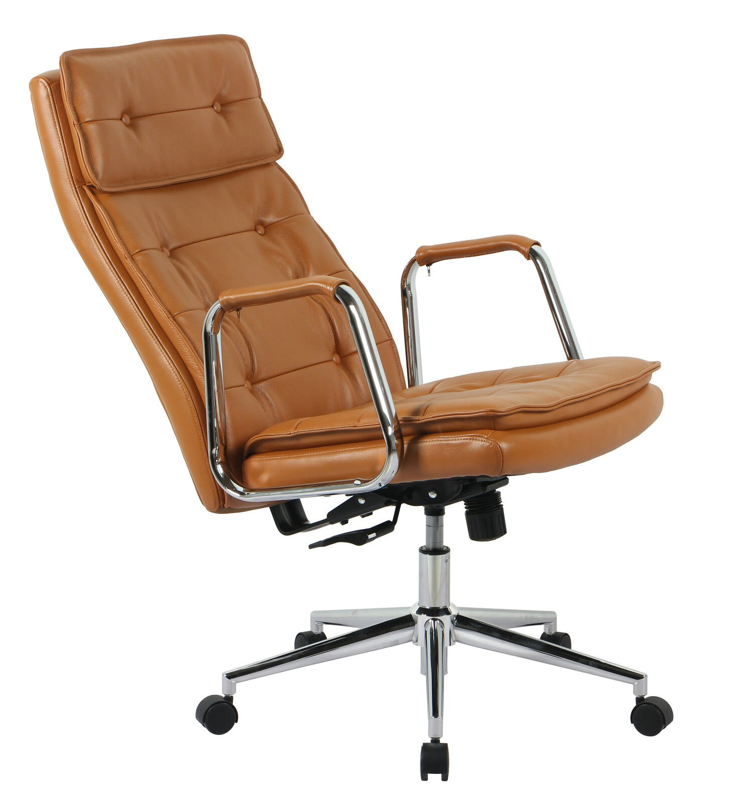 Brauner Chefsessel aus Leder mit verchromten Armlehnen und Rollen, seitliche Perspektive