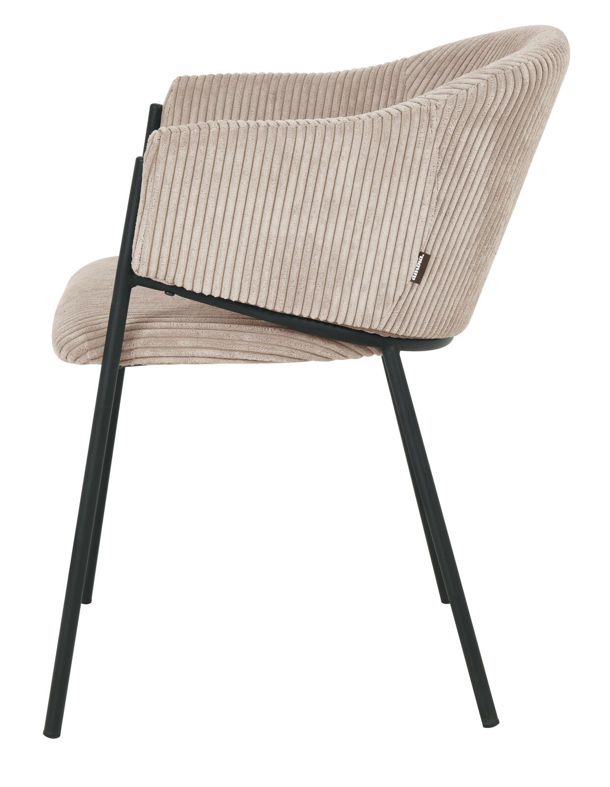 Z2 Armlehnstuhl KRONOS Seitenansicht eines Armlehnstuhls mit beigem, geripptem Stoffbezug und schwarzen Metallbeinen.