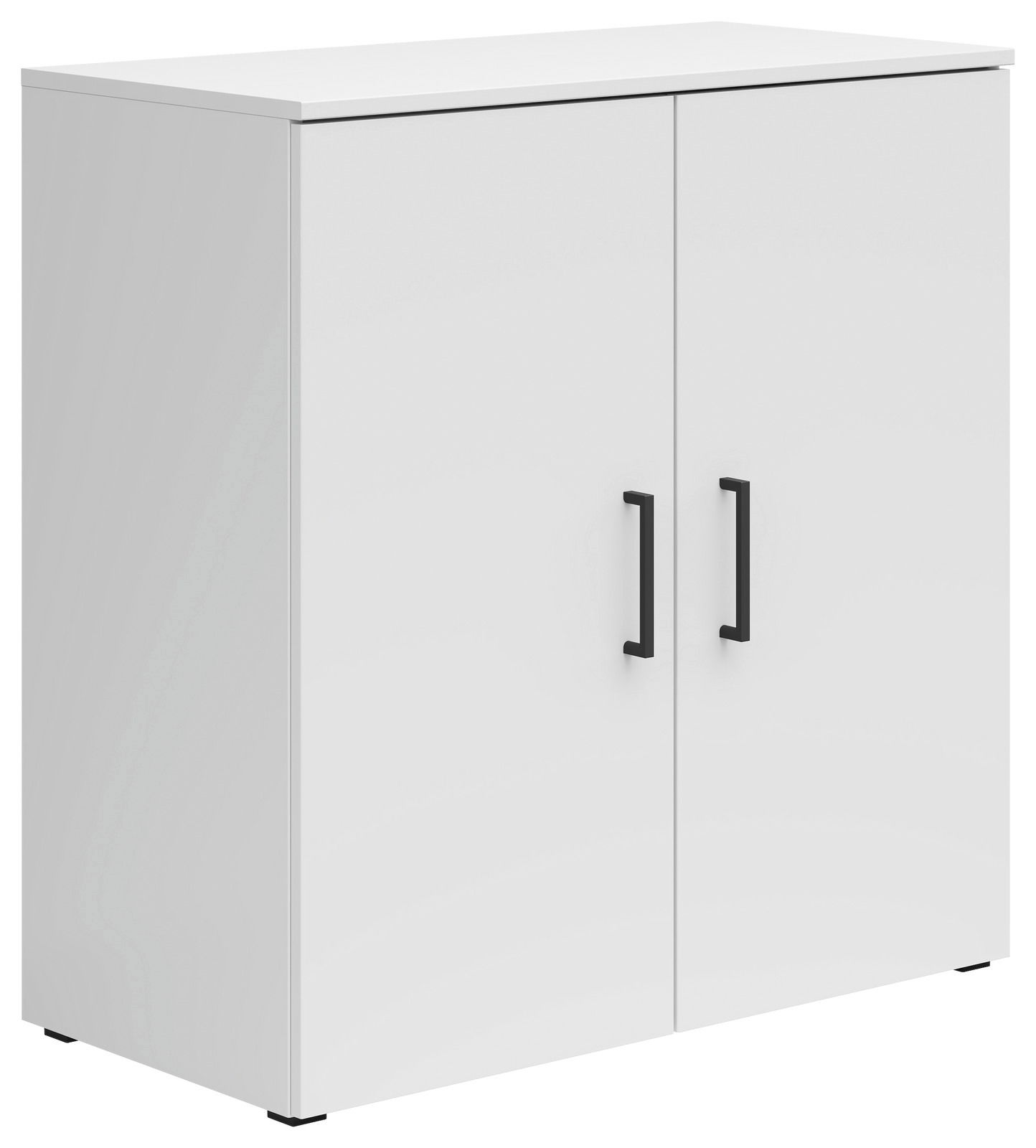 Weiße Kommode mit zwei Türen und schwarzen Griffen, seitliche Perspektive