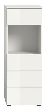 Weißer Standschrank mit drei Schubladen und einem offenen Fach, Frontalansicht