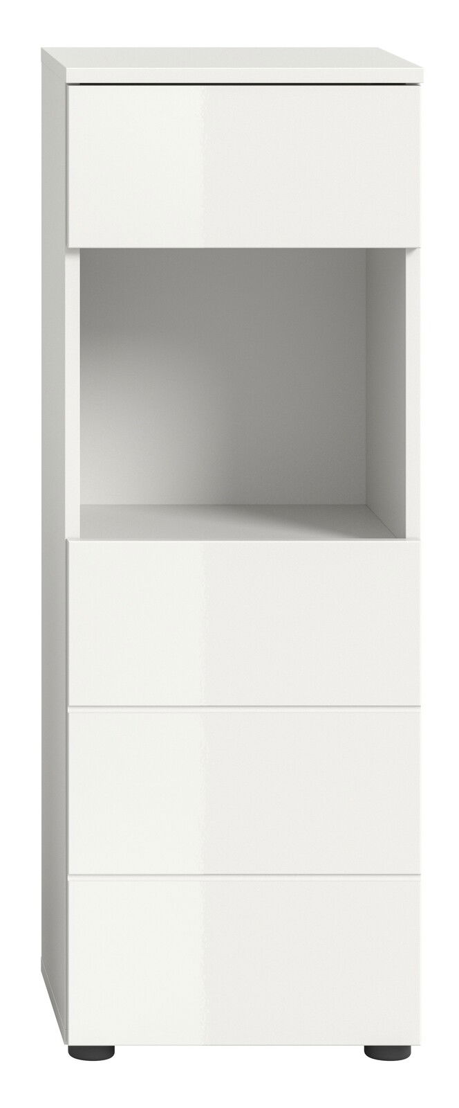 Weißer Standschrank mit drei Schubladen und einem offenen Fach, Frontalansicht