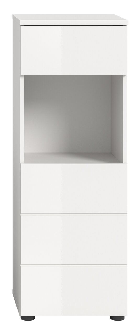Weißer Standschrank mit drei Schubladen und einem offenen Fach, Frontalansicht