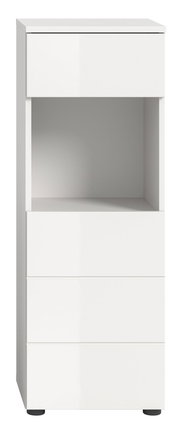 Weißer Standschrank mit drei Schubladen und einem offenen Fach, Frontalansicht