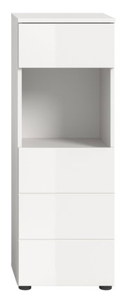 Weißer Standschrank mit drei Schubladen und einem offenen Fach, Frontalansicht