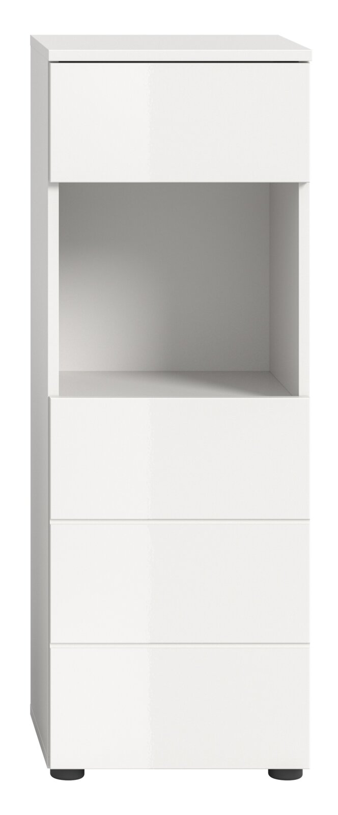 Weißer Standschrank mit drei Schubladen und einem offenen Fach, Frontalansicht