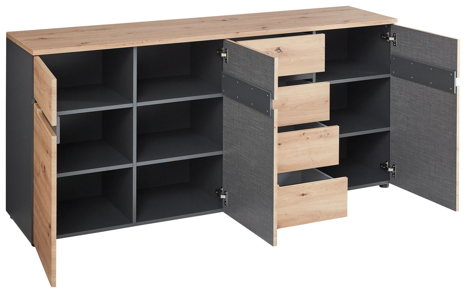 XL-Sideboard aus Holz und Metall mit offenen Türen und Schubladen, seitliche Perspektive