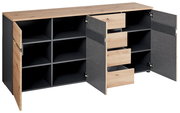 XL-Sideboard aus Holz und Metall mit offenen Türen und Schubladen, seitliche Perspektive