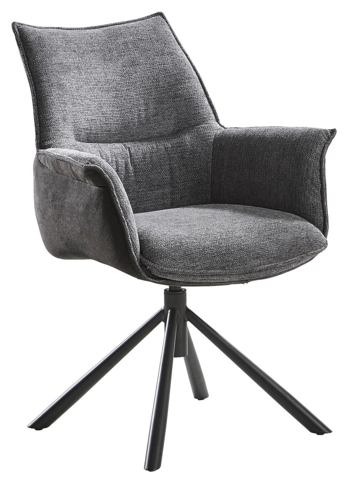 Grauer Sessel mit gepolstertem Sitz und Rückenlehne, auf schwarzem Metallgestell, seitliche Perspektive