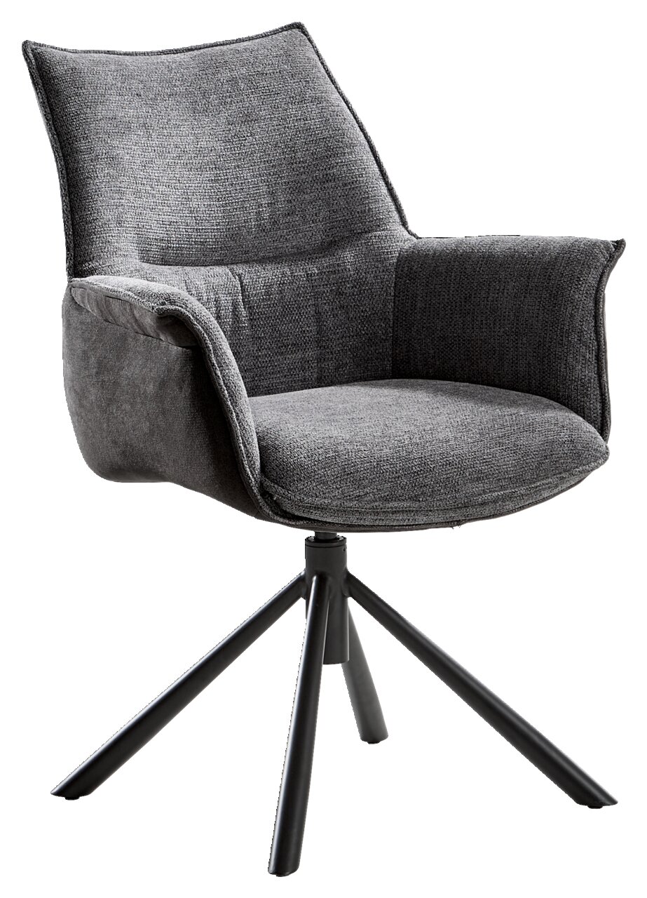 Grauer Sessel mit gepolstertem Sitz und Rückenlehne, auf schwarzem Metallgestell, seitliche Perspektive