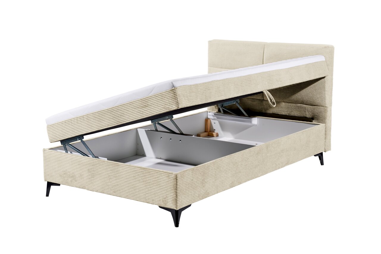 Boxbett mit geöffnetem Stauraum, seitliche Perspektive