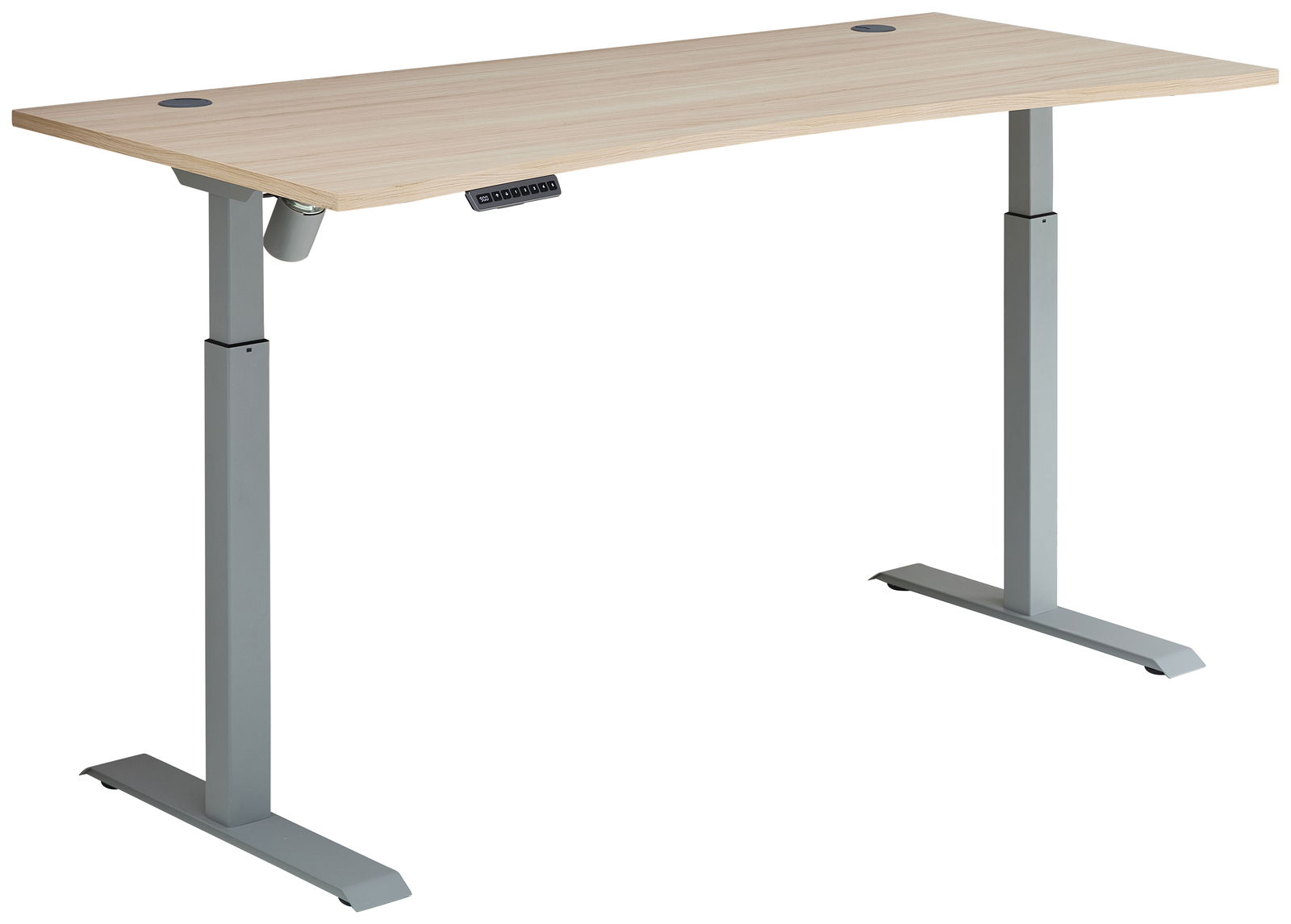Moderner Schreibtisch mit Motor, seitliche Perspektive, höhenverstellbar mit grauen Metallbeinen und heller Holzplatte.
