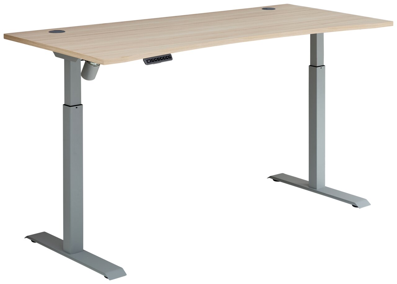 Moderner Schreibtisch mit Motor, seitliche Perspektive, höhenverstellbar mit grauen Metallbeinen und heller Holzplatte.