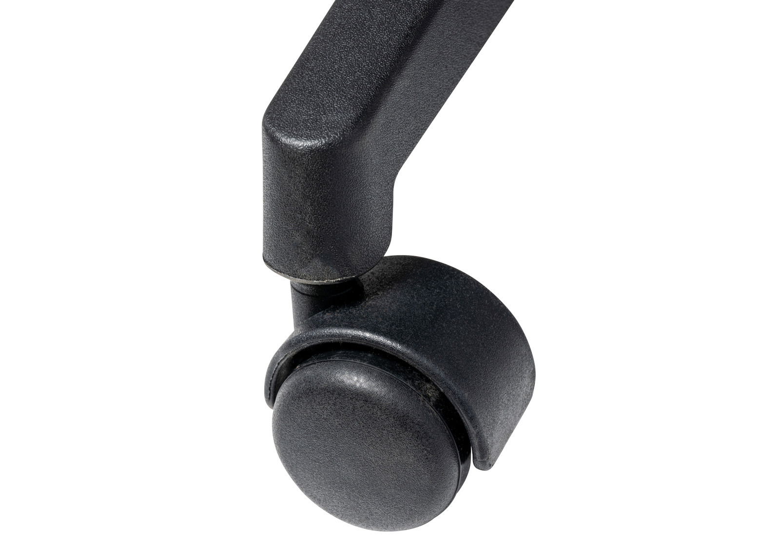 Nahaufnahme einer schwarzen Stuhlrolle von der Seite