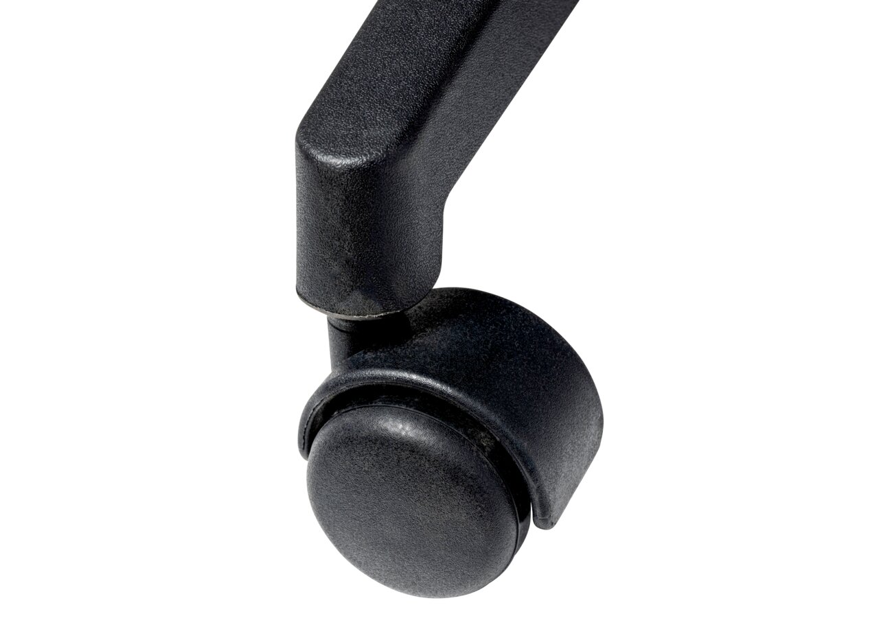 Nahaufnahme einer schwarzen Stuhlrolle von der Seite