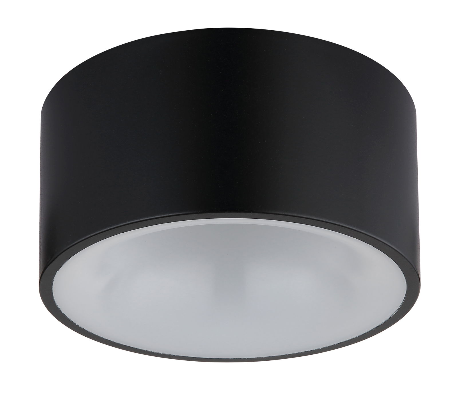 Schwarze zylindrische Deckenleuchte aus seitlicher Perspektive