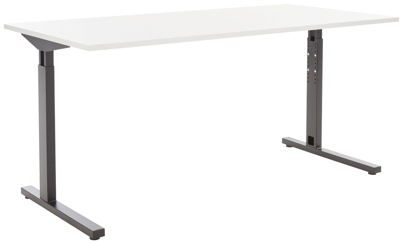 Moderner Schreibtisch mit weißer Tischplatte und grauem Metallgestell, seitliche Perspektive