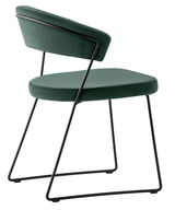 Moderner grüner Stuhl mit schwarzem Metallgestell, seitliche Perspektive
