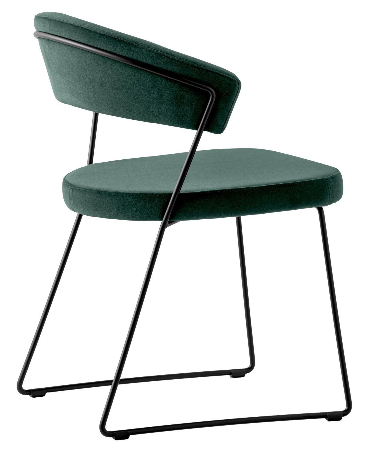 Moderner grüner Stuhl mit schwarzem Metallgestell, seitliche Perspektive