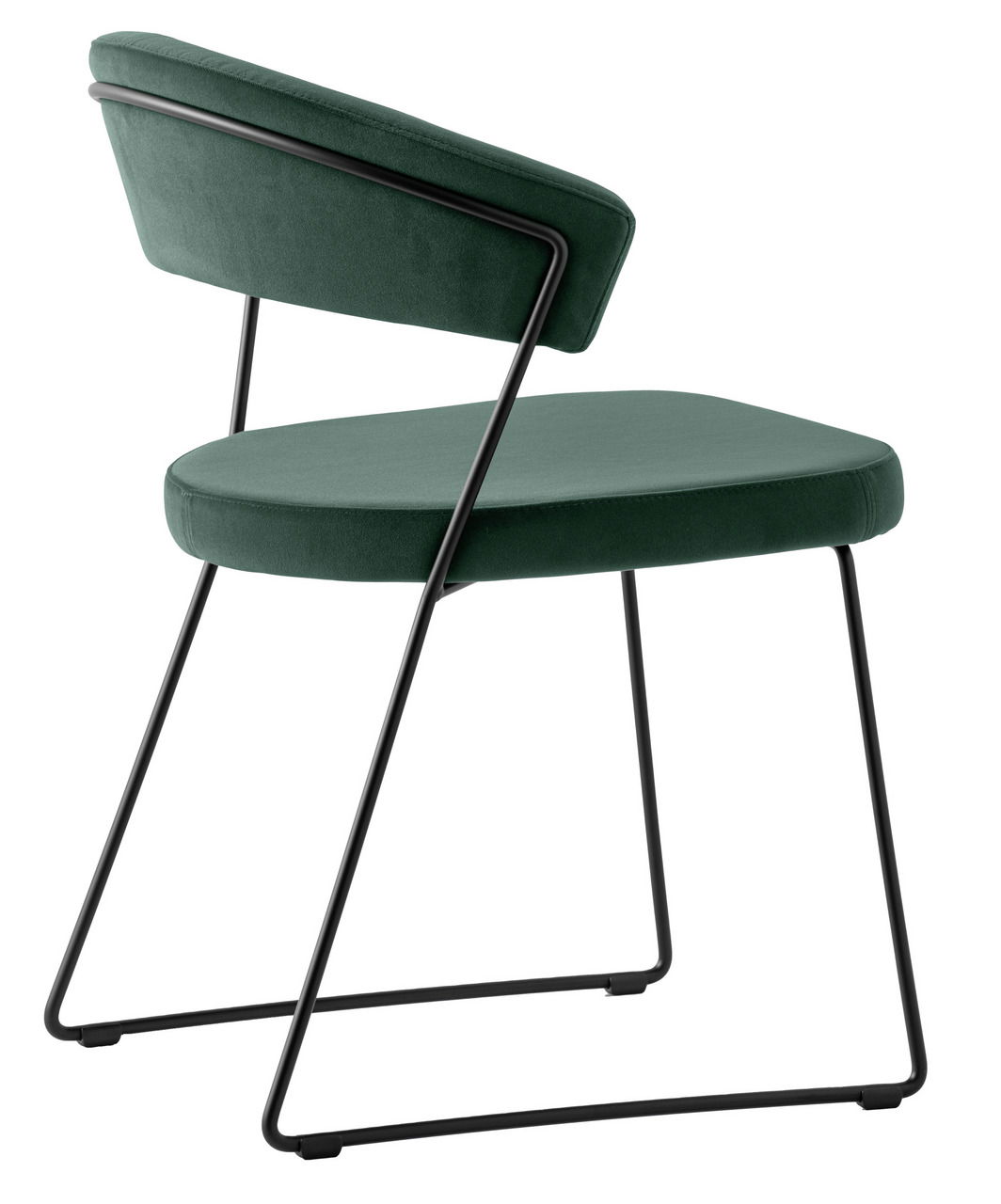 Moderner grüner Stuhl mit schwarzem Metallgestell, seitliche Perspektive