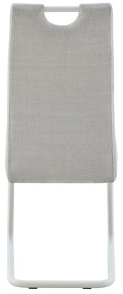 Rückenansicht eines gepolsterten Stuhls mit hellgrauem Stoffbezug und weißem Metallgestell, freigestellt auf weißem Hintergrund