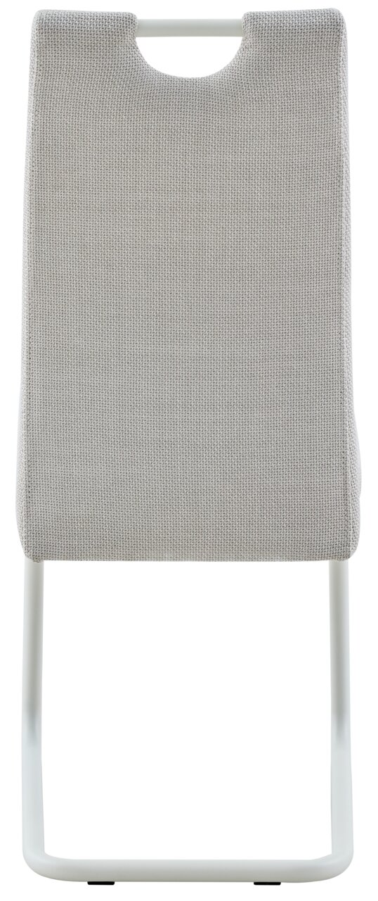 Achterkant van een gestoffeerde stoel met lichtgrijze stoffen bekleding en een wit metalen frame, vrijstaand op een witte achtergrond