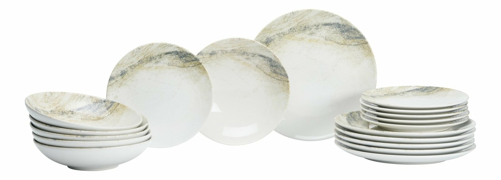 Tafelset Arezzo 18-tlg. mit elegantem, marmoriertem Design, bestehend aus flachen und tiefen Tellern, seitliche Perspektive.