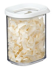 Vorratsdose Modula Mini 375 ml mit weißem Deckel, gefüllt mit Kokosflocken, aus seitlicher Perspektive