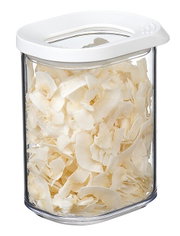 Bewaarpot Modula Mini 375 ml met wit deksel, gevuld met kokosvlokken, gezien vanaf de zijkant