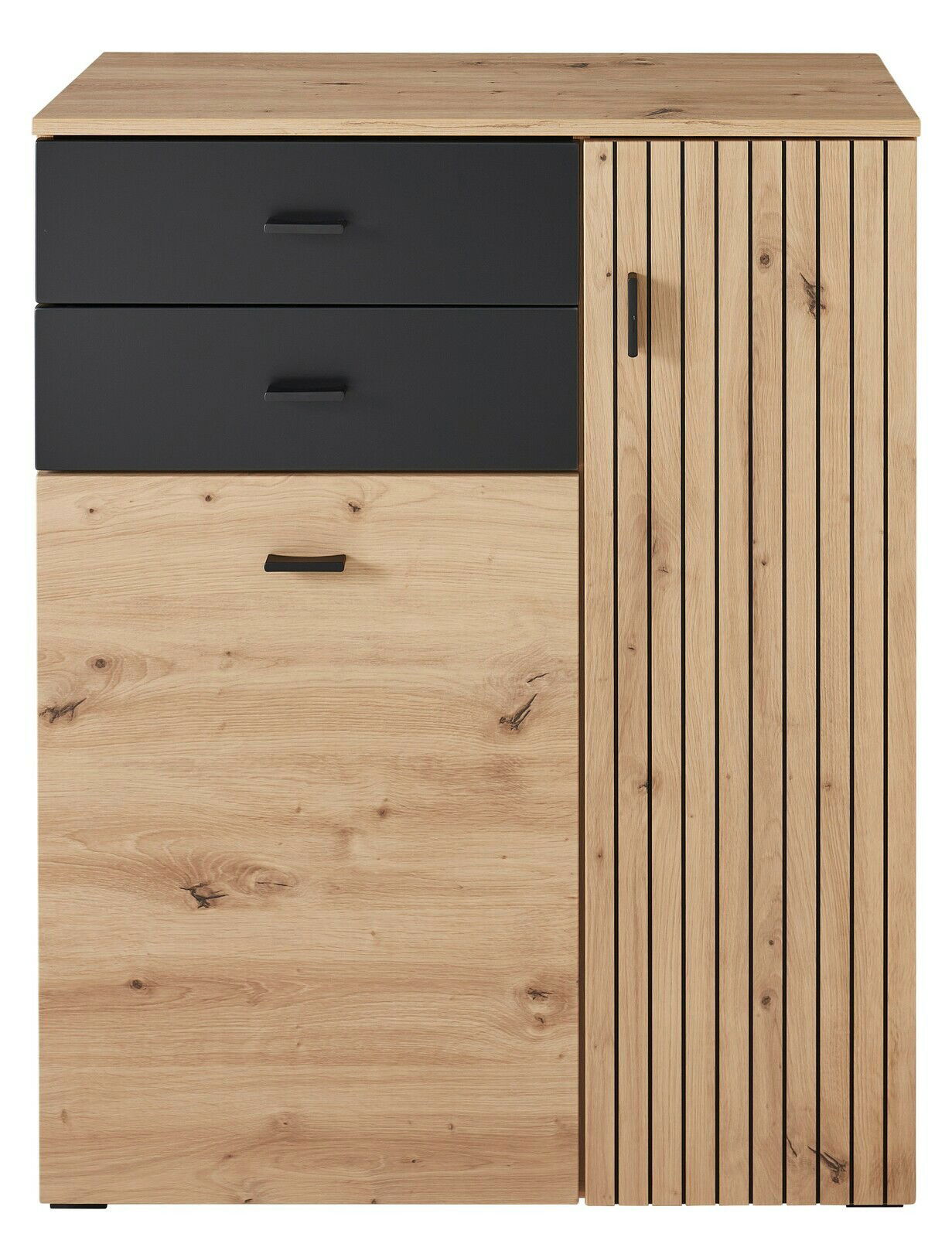 Voleo Schuhschrank BUFFALO Moderner Schuhschrank aus Holz mit zwei schwarzen Schubladen und einer Tür, Frontalansicht