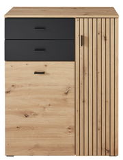 Moderner Schuhschrank aus Holz mit zwei schwarzen Schubladen und einer Tür, Frontalansicht