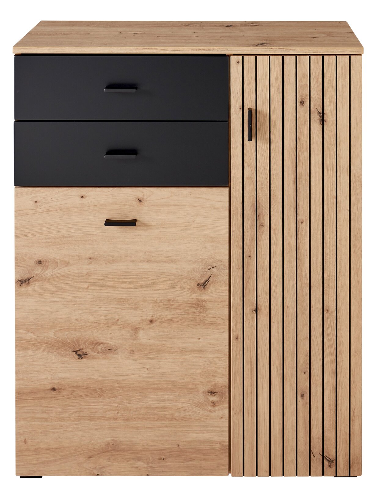 Voleo Schuhschrank BUFFALO Moderner Schuhschrank aus Holz mit zwei schwarzen Schubladen und einer Tür, Frontalansicht